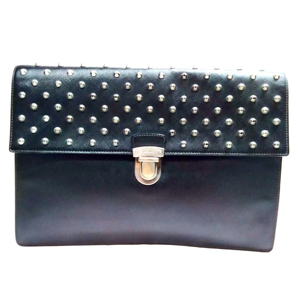 Auth Prada Black Leather Studded Clutch